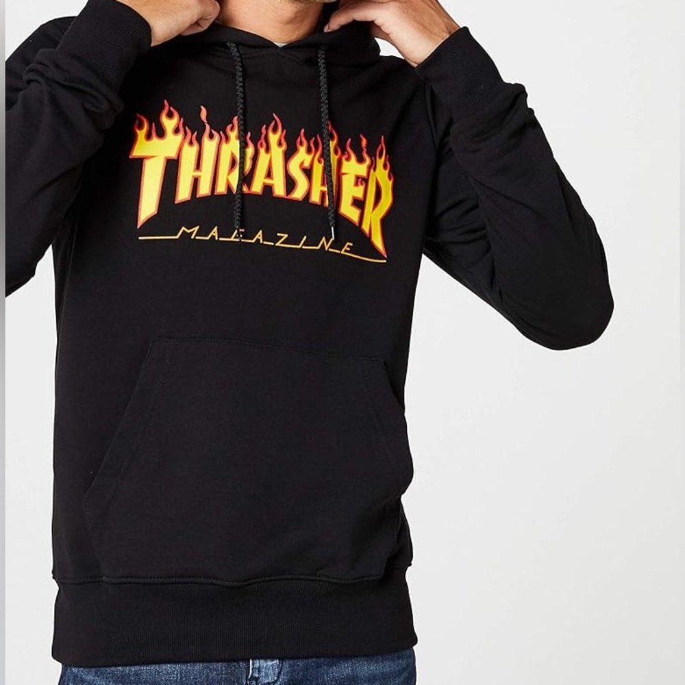 THRASHER Flame Logo Hoodie Black Streetwear Skater Oversized Hooded Sweatshirt M